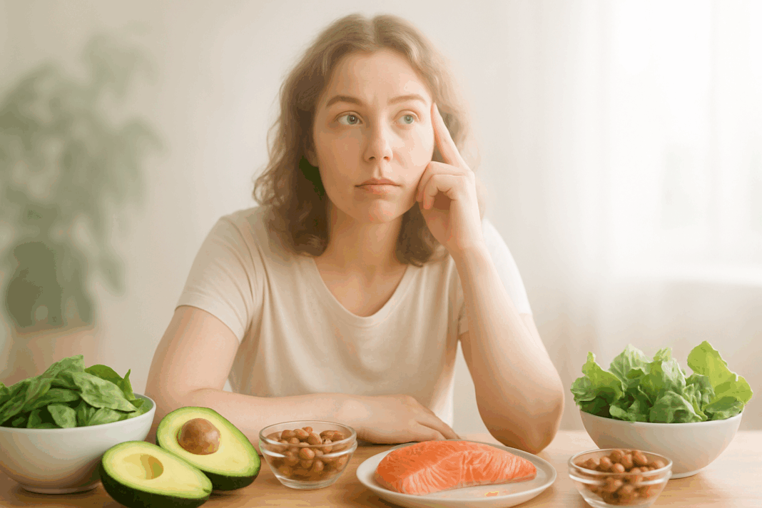 Person planning a low carb meal with avocados, leafy greens, and salmon to overcome low carb brain fog.