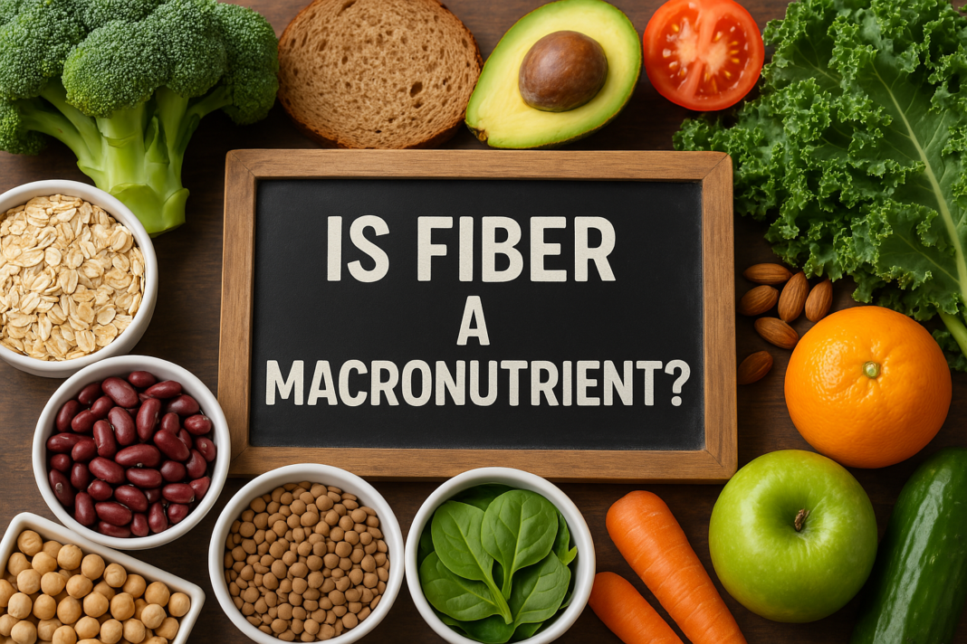 A vibrant, high-resolution photograph showcases an assortment of fiber-rich foods arranged on a rustic wooden surface, with a small chalkboard in the center displaying the question 