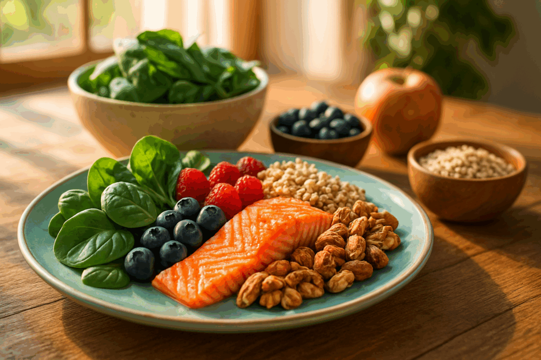 Colorful plate of fresh vegetables, fruits, salmon, and whole grains illustrating why is it important to eat your nutrients for energy, immunity, and longevity
