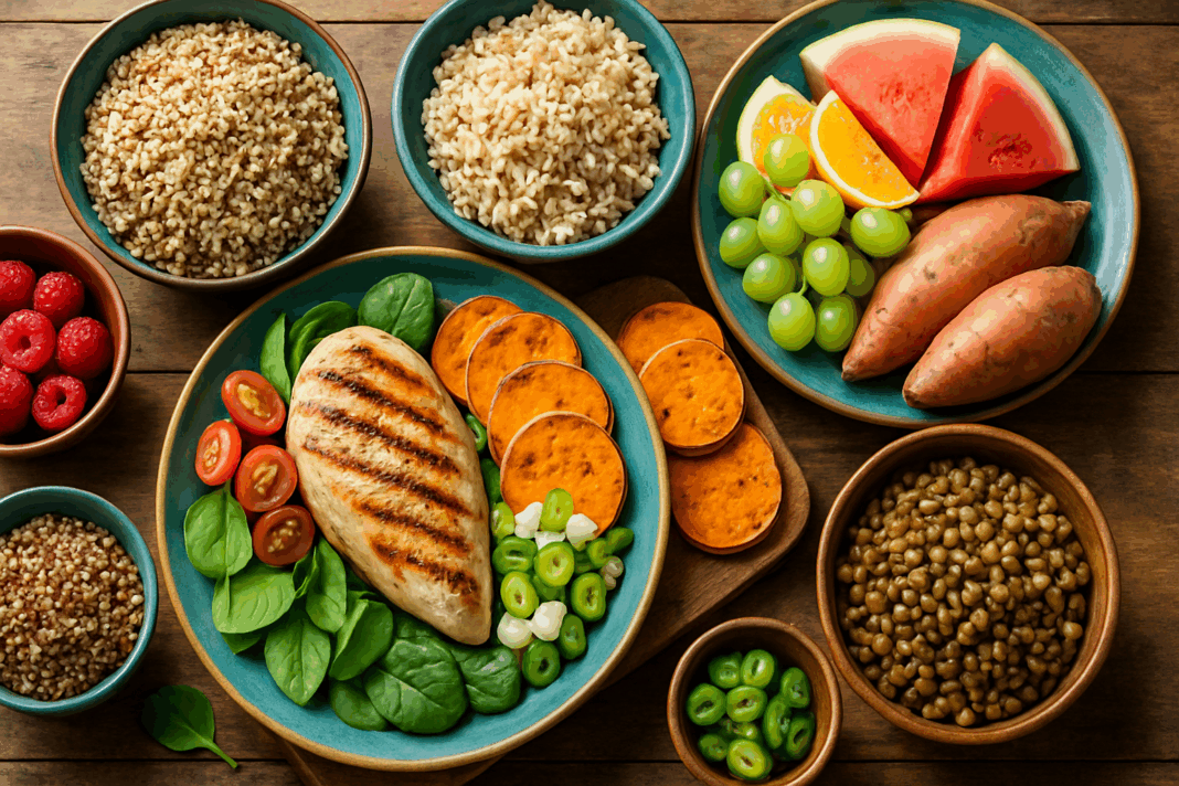 Healthy plate of quinoa, grilled chicken, and vegetables showing what can you eat on a carb diet for balanced nutrition.