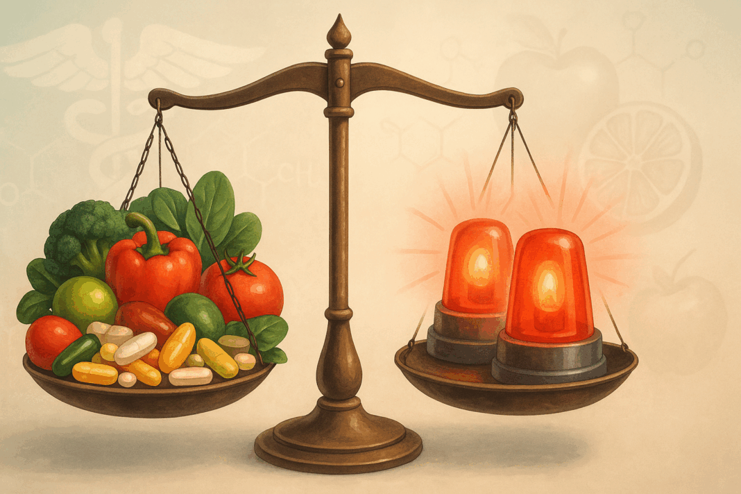 Balanced scale showing supplements and healthy foods symbolizing What Is UL in Nutrition and the importance of safe nutrient intake limits