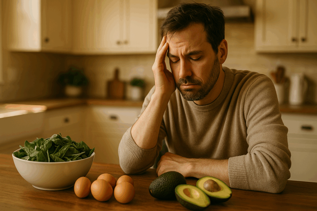 Feeling Tired on a Low Carb Diet with a person sitting at a kitchen table surrounded by healthy low carb foods like avocados and leafy greens.