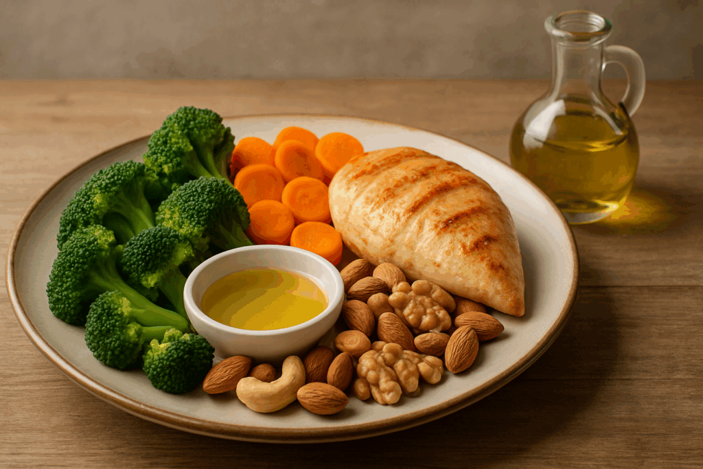 Healthy meal prep scene with fresh salmon, avocado, leafy greens, and nuts, illustrating How to Track Macros on a Low Carb Diet.
