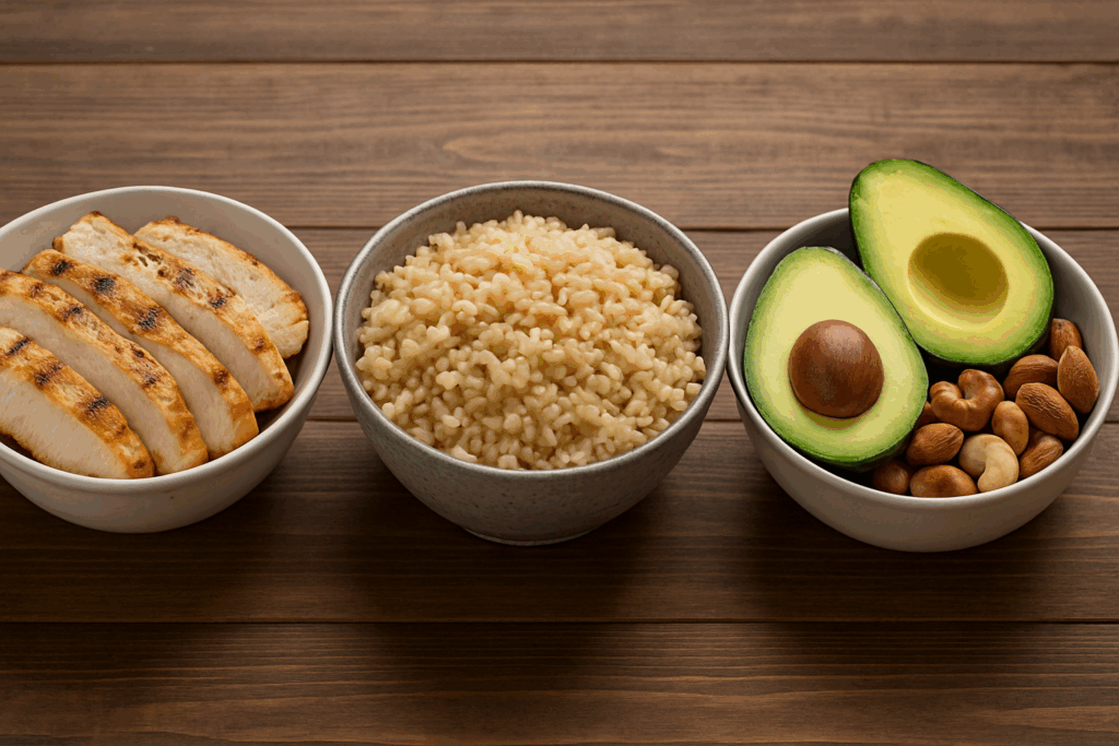 Athlete meal prepping grilled chicken, rice, and avocado to highlight the Best Macros for Muscle Gain for strength and muscle recovery.