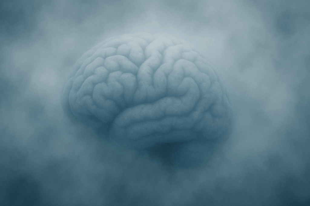 Illustration of a human brain surrounded by fog symbolizing cognitive confusion during low carb brain fog.