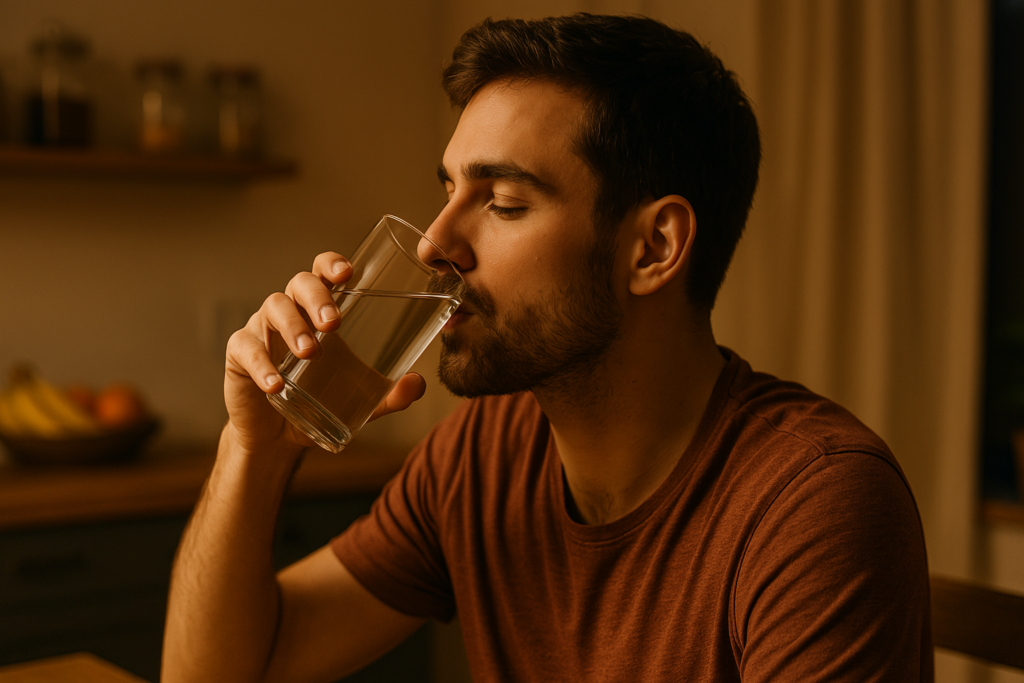 A young man drinks water from a glass in a warmly lit kitchen, surrounded by natural wood accents and a fruit bowl; the scene reflects how hydration plays a crucial yet understated role in everyday nutrition and overall wellness.