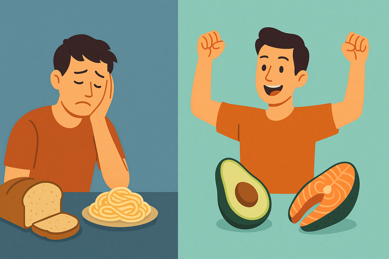 Feeling Tired on a Low Carb Diet illustrated by the transition from glucose energy to ketone energy with food and lifestyle visuals.