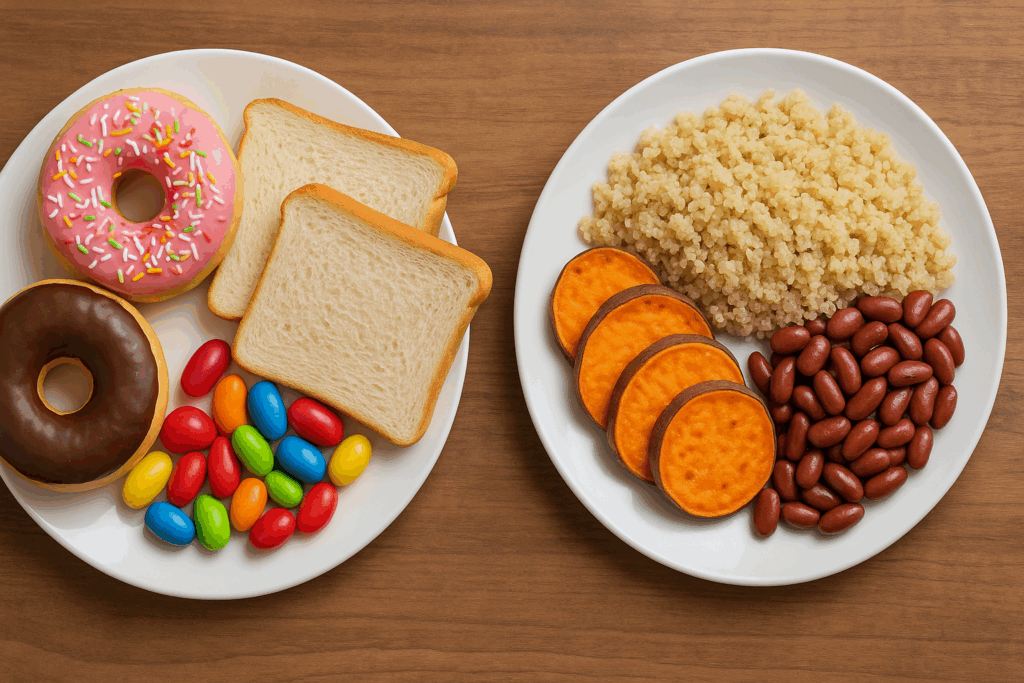 Overloaded plate of pastries and sugary snacks showing why too much carbs are bad for weight gain and blood sugar control