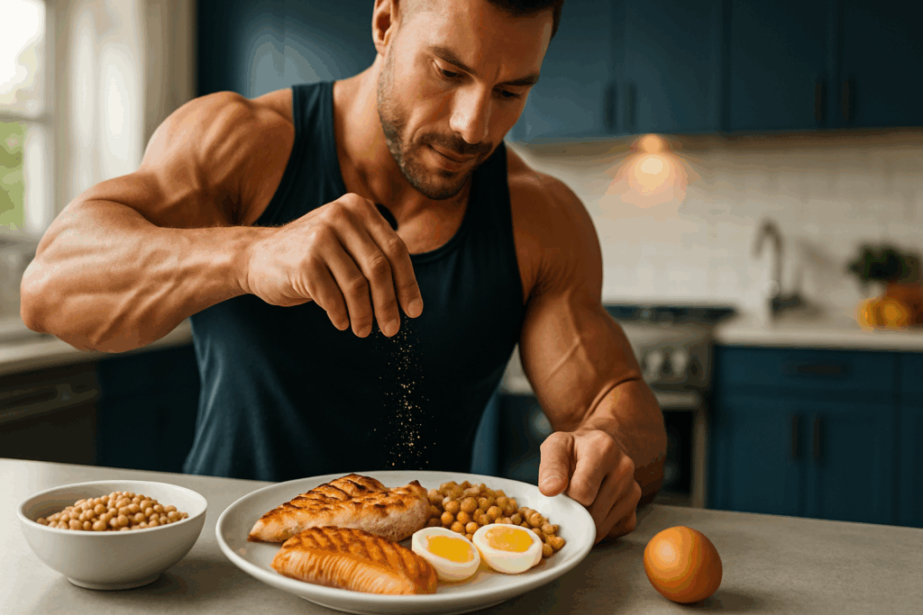 Colorful display of protein, carbs, and healthy fats arranged on a table to visually explain the Best Macros for Muscle Gain strategy.