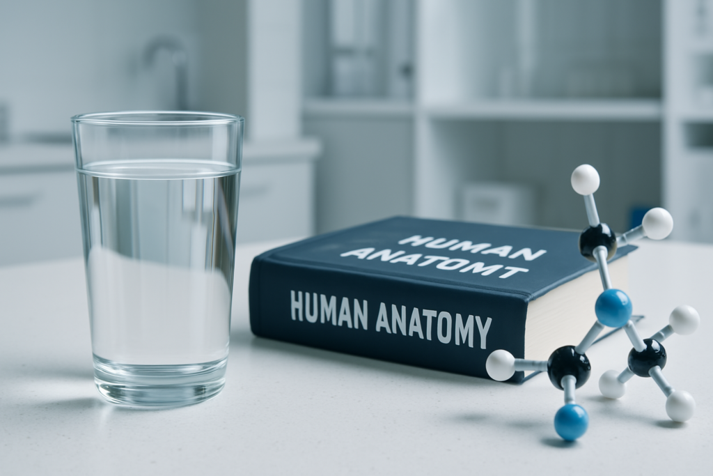A clear glass of water sits beside a human anatomy textbook and molecular models on a white lab counter, with cool clinical lighting emphasizing water's critical role as a macronutrient in biological and nutritional science.