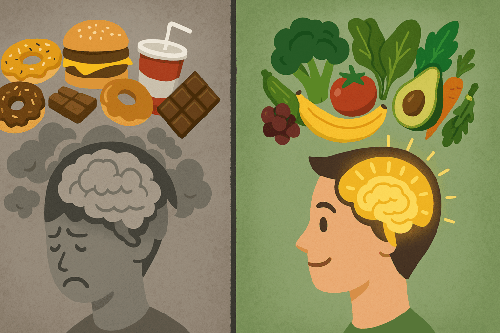 Comparison of processed foods and healthy foods showing the cognitive effects contributing to low carb brain fog.