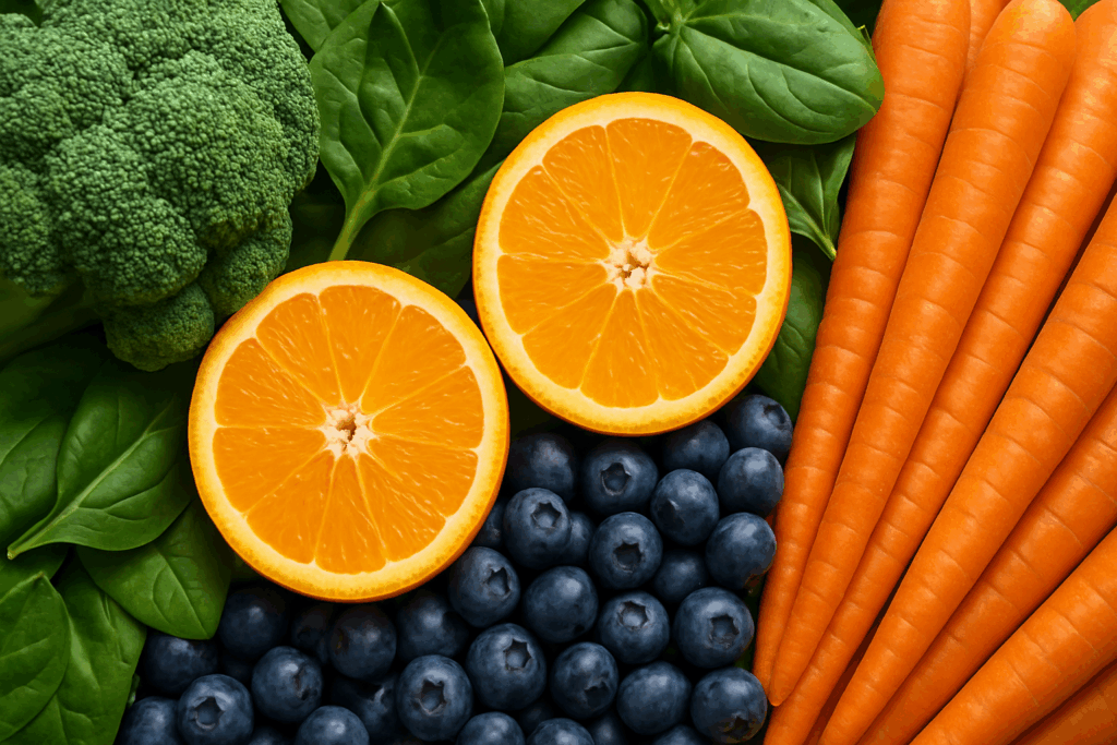 Healthy meal with salmon, leafy greens, berries, and nuts representing why is it important to eat your nutrients for wellness.