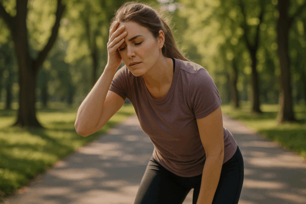 Woman jogging in a sunny park feeling tired, representing early symptoms of Feeling Tired on a Low Carb Diet and keto adaptation.