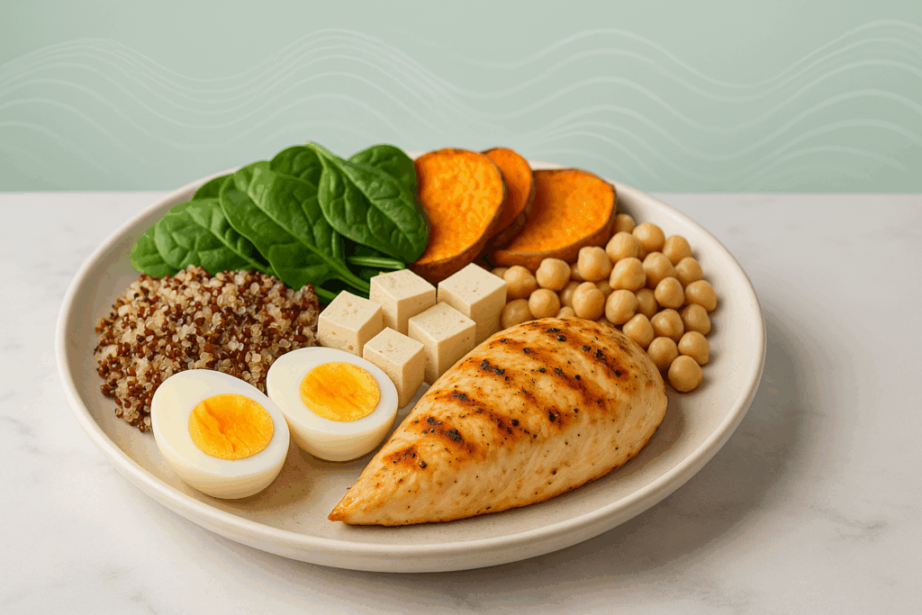 Balanced meal plate with proteins and complex carbs representing how protein and energy are connected for blood sugar stability.