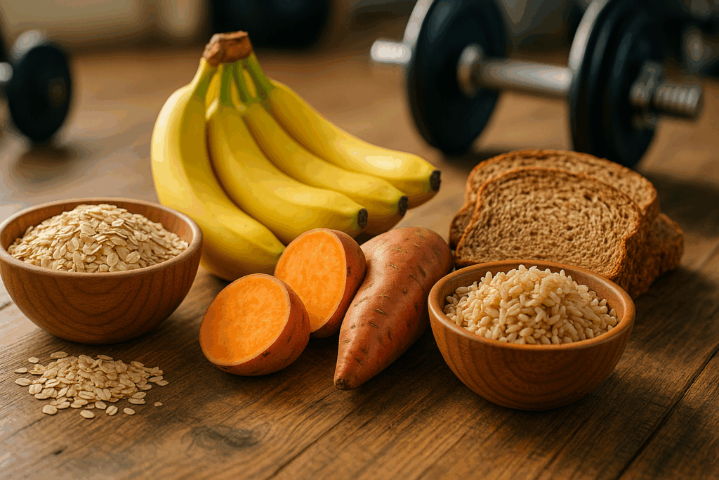 Healthy muscle-building foods like salmon, sweet potatoes, and leafy greens laid out to support the Best Macros for Muscle Gain plan.