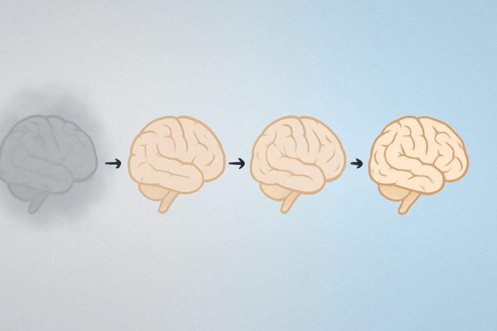 Timeline visualization of brain adaptation improving mental clarity after low carb brain fog onset.