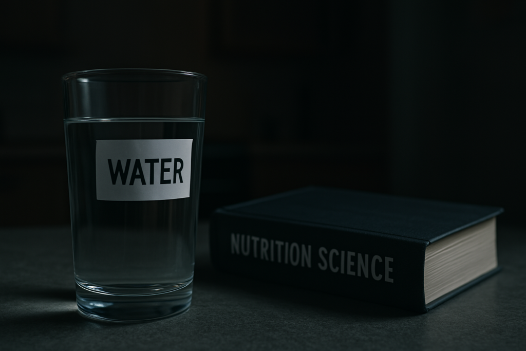 A clear glass of water labeled "WATER" sits next to a nutrition science textbook on a dark surface, with moody, dramatic lighting emphasizing water's often overlooked yet essential status as a macronutrient in dietary health.