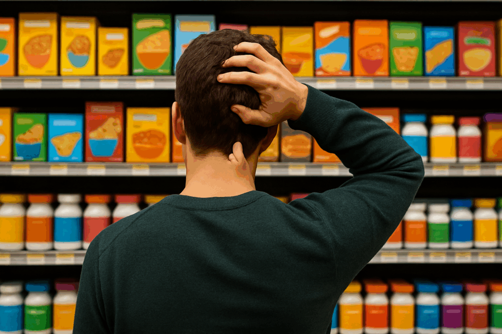Confused shopper looking at fortified foods and supplements, showing modern challenges explained in What Is UL in Nutrition