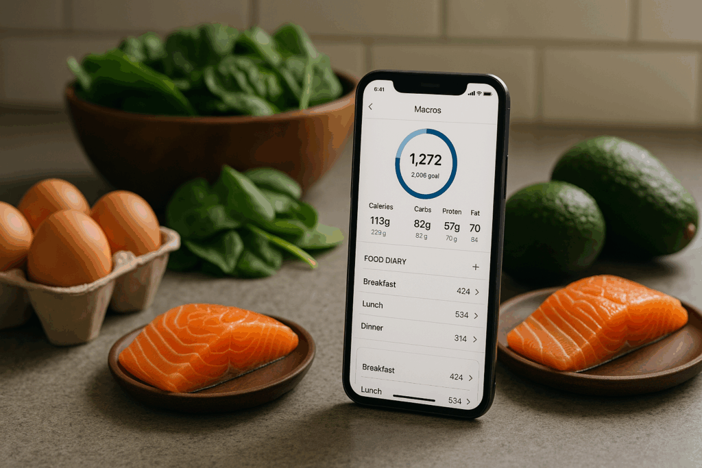 Person using a food scale and mobile app to calculate meals, demonstrating practical steps in How to Track Macros on a Low Carb Diet.