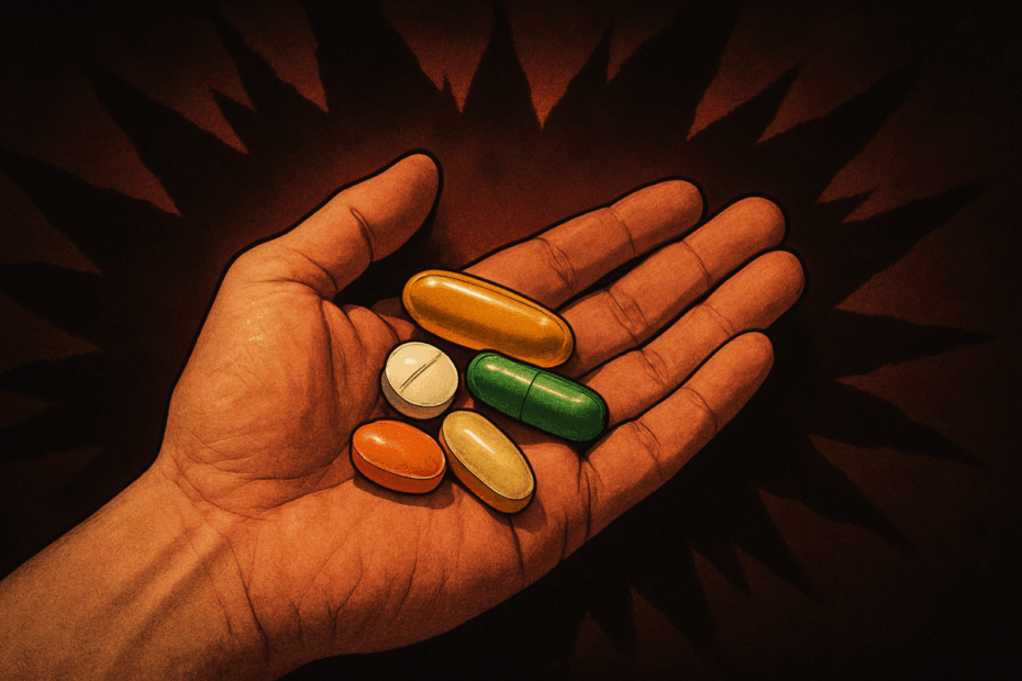 Hand holding colorful vitamin pills symbolizing the risk of overconsumption discussed in What Is UL in Nutrition and safe supplement use