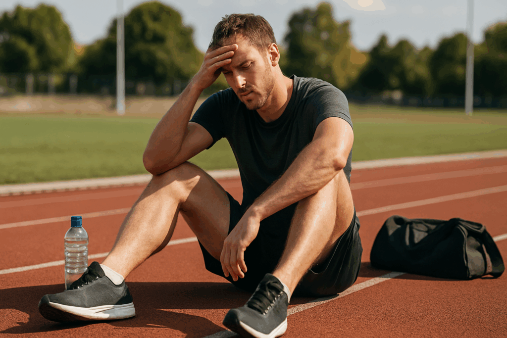 Athlete sitting exhausted on a running track after intense workout, illustrating Feeling Tired on a Low Carb Diet during exercise.