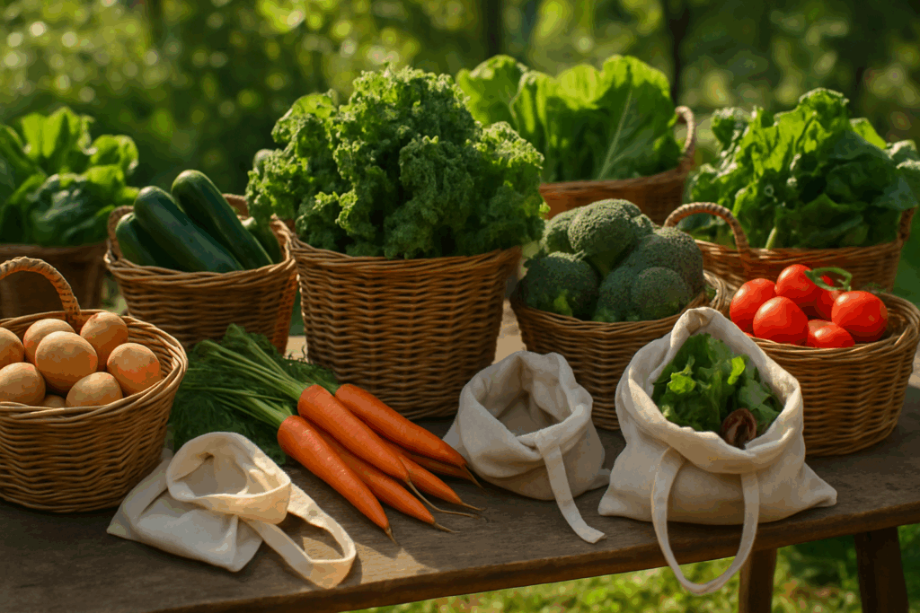 Top view of a balanced diet featuring lean proteins, leafy greens, and whole grains for obtaining the food necessary for health and growth.