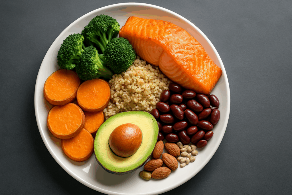 Fitness model lifting weights in a modern gym with nutrient-dense foods nearby, symbolizing the importance of the Best Macros for Muscle Gain.