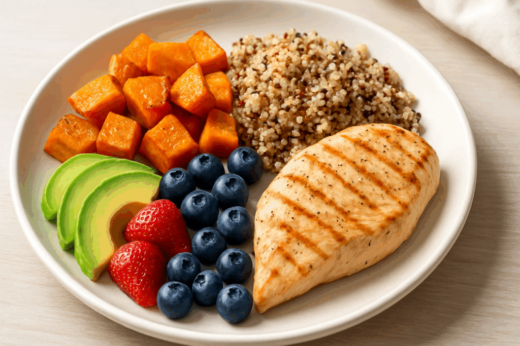 Balanced plate with sweet potatoes, berries, and healthy fats to ease low carb brain fog with strategic carbs.