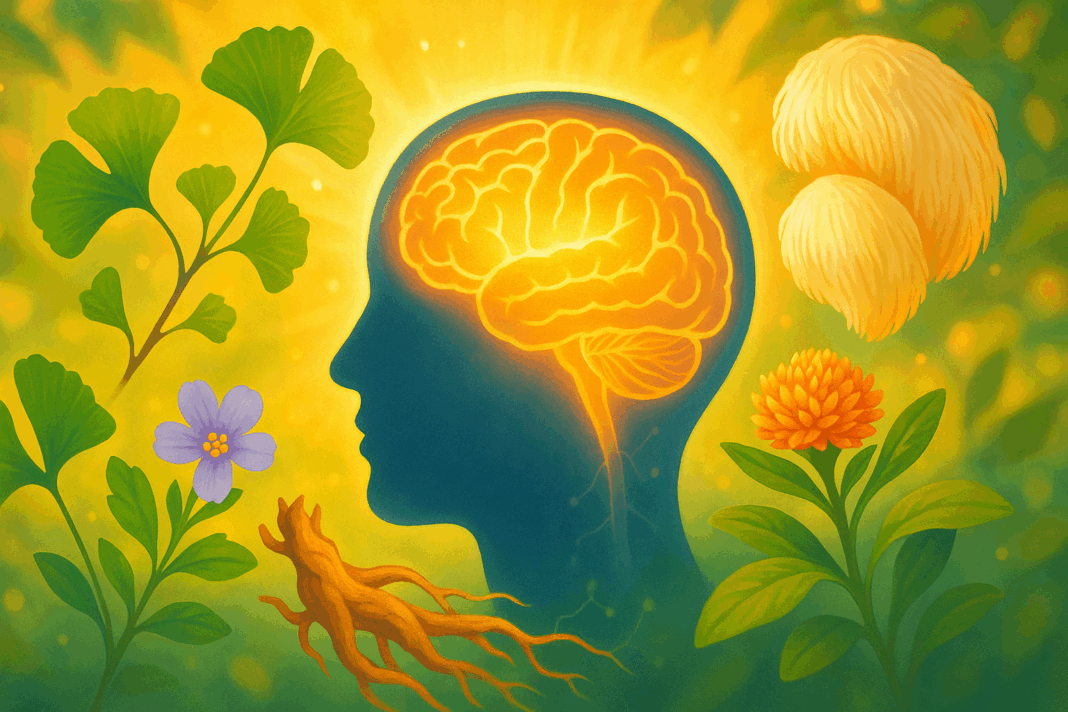 Glowing human brain silhouette surrounded by herbal brain supplements like ginkgo leaves, Bacopa flowers, Rhodiola roots, and Lion’s Mane mushrooms in warm sunlight