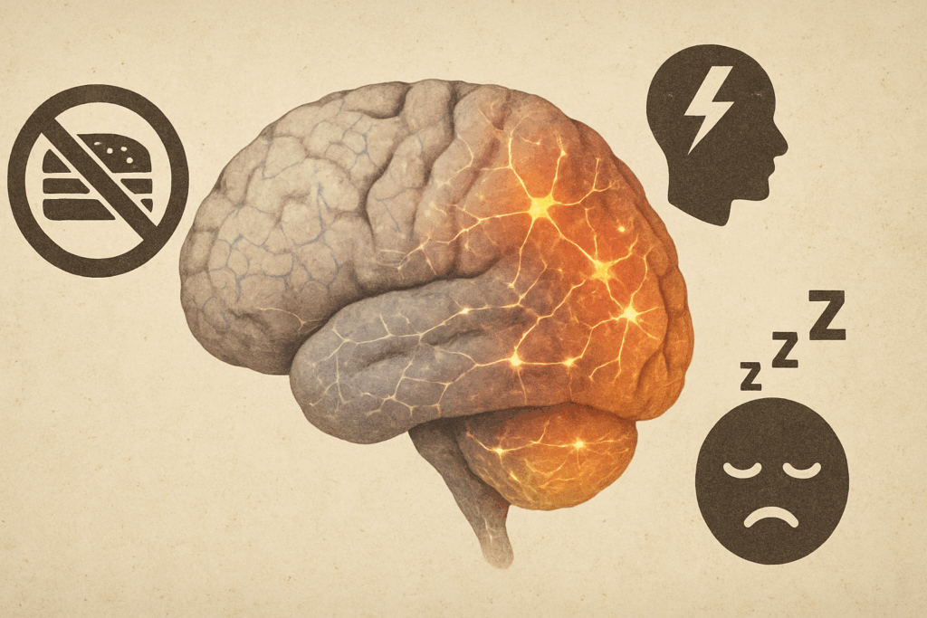 Abstract illustration of an aging brain showing faded neural connections and areas of cognitive recovery, surrounded by icons representing stress, poor sleep, and unhealthy diet, symbolizing the impact of lifestyle on cognitive decline and the potential benefits of herbal brain supplements.