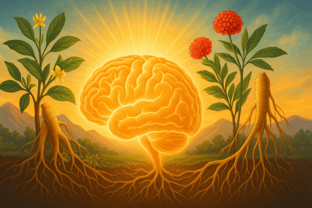 Abstract illustration of an aging brain showing faded neural connections and areas of cognitive recovery, surrounded by icons representing stress, poor sleep, and unhealthy diet, symbolizing the impact of lifestyle on cognitive decline and the potential benefits of herbal brain supplements.