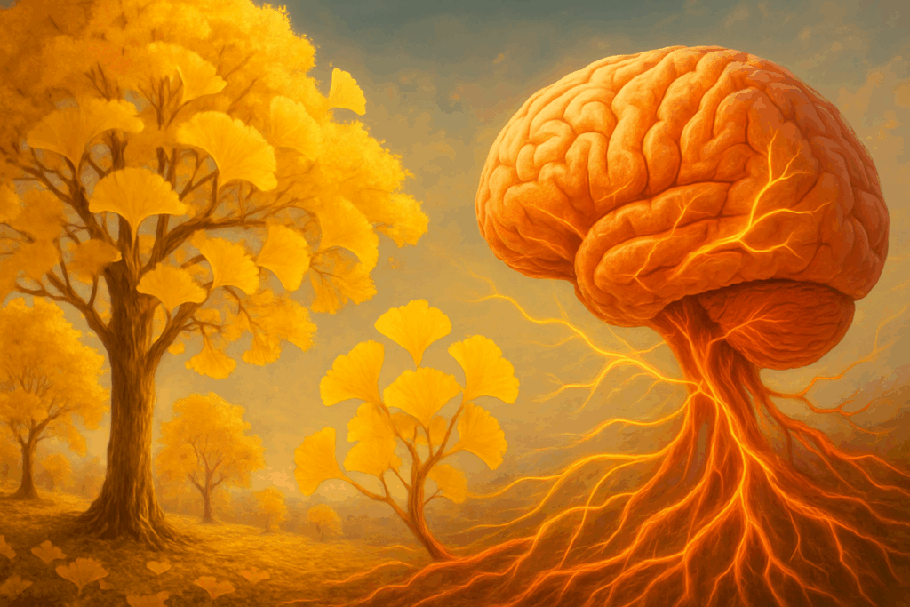 Golden ginkgo biloba trees transforming into glowing brain blood vessels, symbolizing the effects of herbal brain supplements on memory and circulation