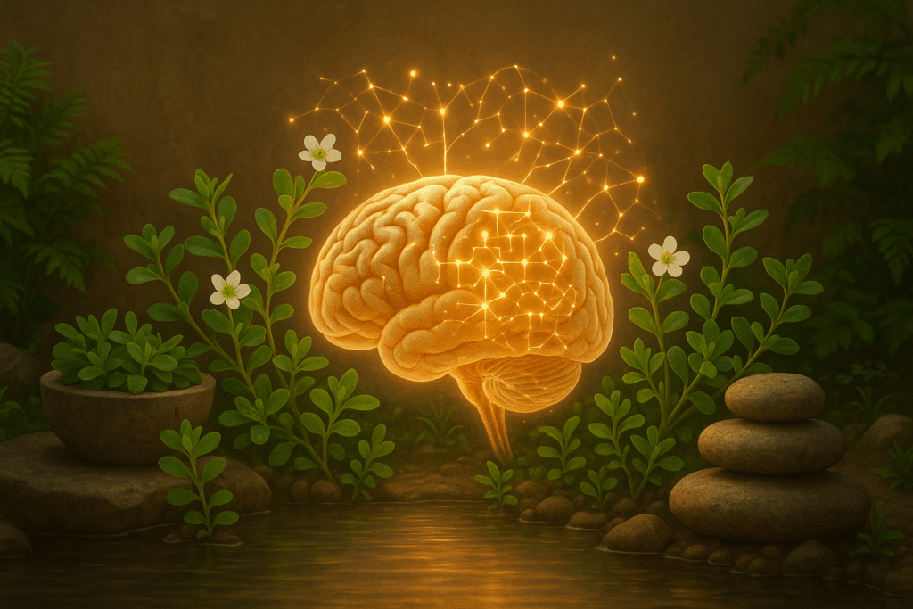 Glowing human brain surrounded by Bacopa monnieri plants and neural connections in a tranquil Ayurvedic setting, symbolizing the effects of herbal brain supplements.