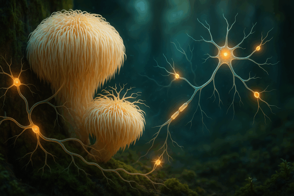 Lion’s Mane mushrooms in a forest setting, glowing with neural connections to illustrate the regenerative power of herbal brain supplements.