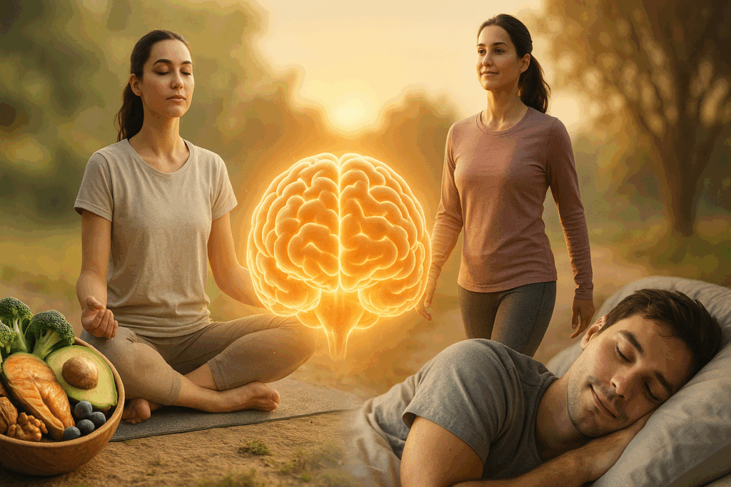 Holistic lifestyle montage showing meditation, brain-boosting foods, restful sleep, and outdoor fitness, supporting herbal brain supplements.