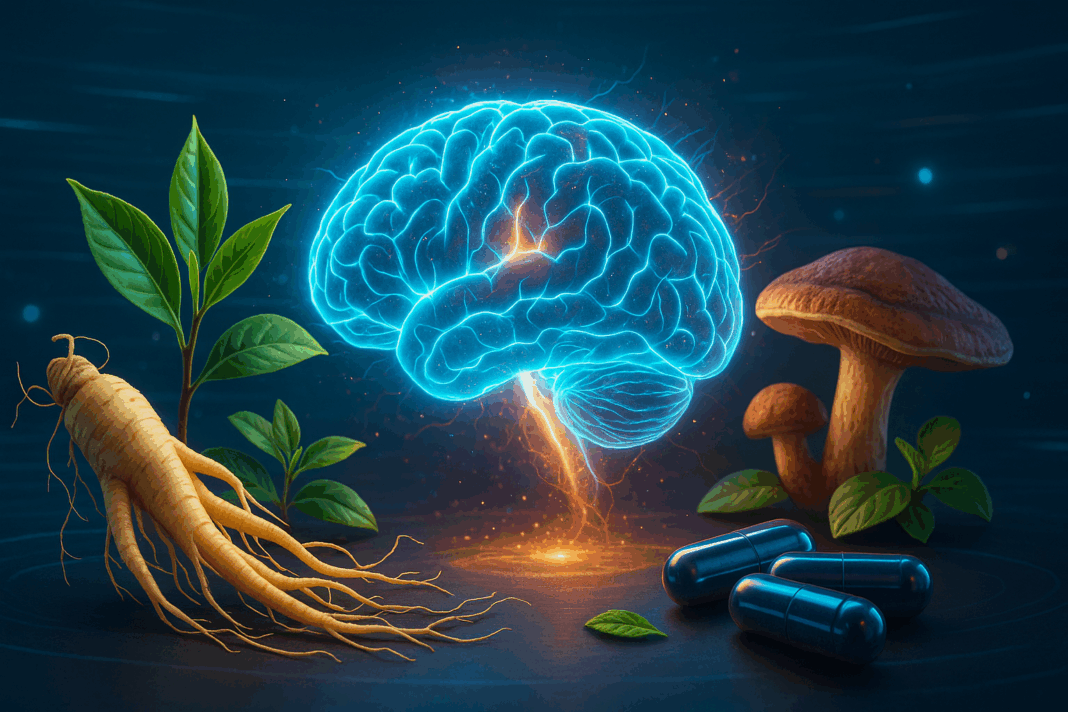 Glowing human brain surrounded by ginseng, tea leaves, mushrooms, and capsules representing the best over the counter nootropics