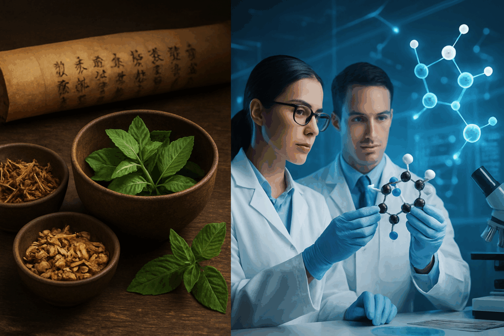 Conceptual split-screen showing ancient herbal remedies and modern lab research, symbolizing the evolution of the best over the counter nootropics.