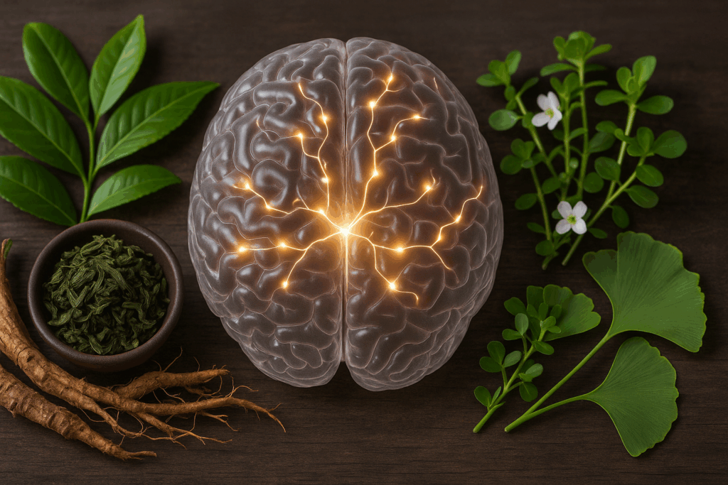 Natural ingredients used in the best over the counter nootropics, including green tea leaves, Rhodiola roots, Bacopa monnieri, and ginkgo, arranged around a glowing brain model symbolizing cognitive enhancement.