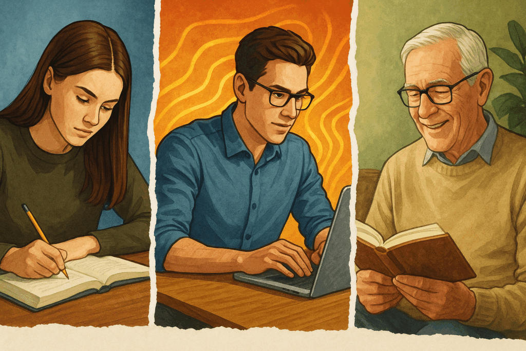 Collage illustrating the best over the counter nootropics use cases with a student studying, a professional energized at work, and a senior reading to support memory.