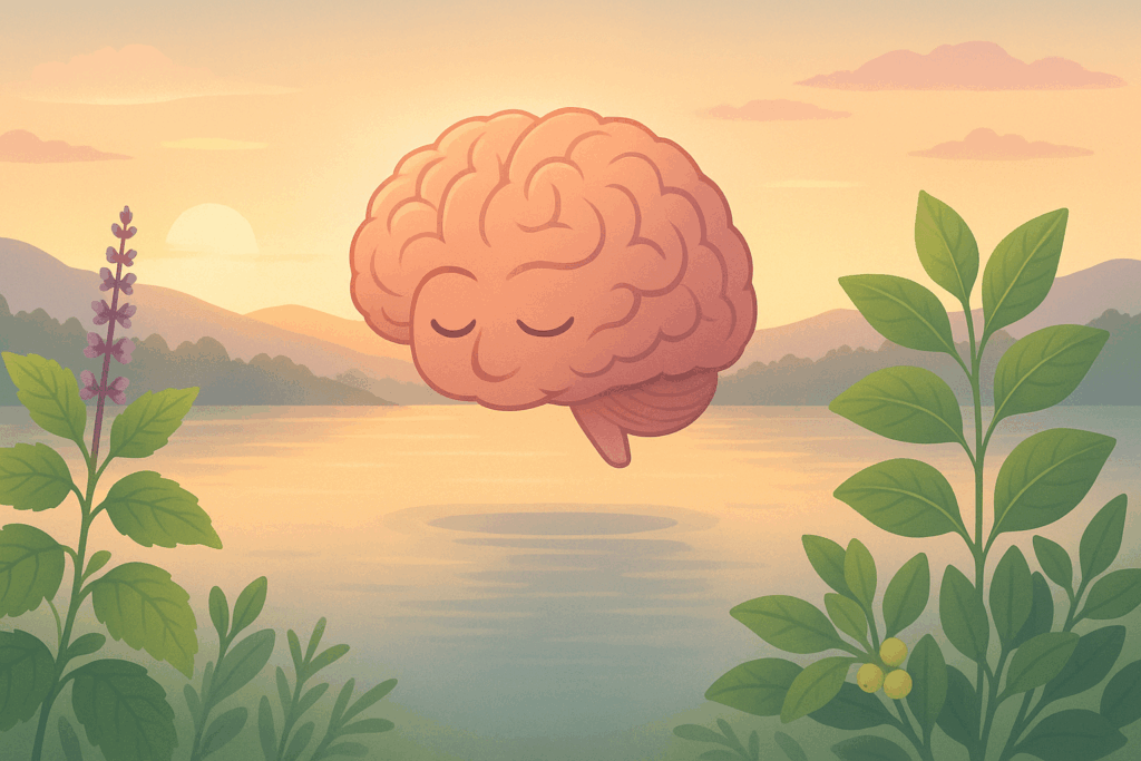 Peaceful brain floating over a calm lake at sunrise, surrounded by adaptogenic herbs like ashwagandha and holy basil, symbolizing stress relief and the best over the counter nootropics for mental health.