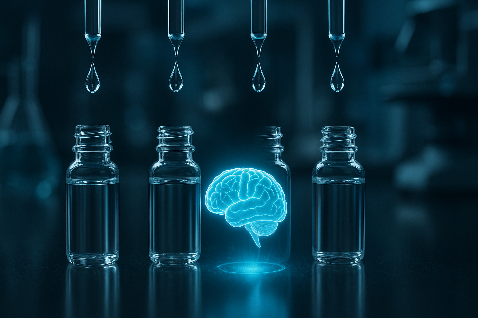 Futuristic lab scene with glowing brain hologram and dropper vials illustrating innovative delivery methods for the best over the counter nootropics.