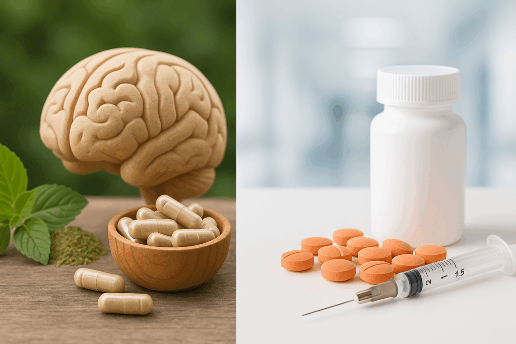 Conceptual split-screen showing best over the counter nootropics with herbs and capsules beside pharmaceutical Adderall pills and syringe in a sterile clinic setting