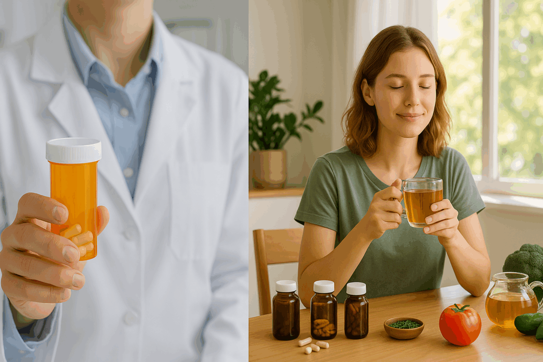 Split-screen showing two approaches to the best medication for energy and motivation: a doctor holding prescription pills, and a woman enjoying herbal tea with supplements and fresh produce.