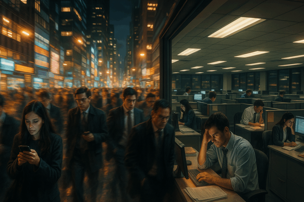 Overworked office employees under harsh lights and fast-moving city crowds symbolize mental fatigue and demand for the best medication for energy and motivation.