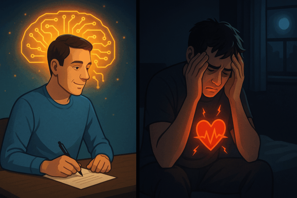 Split-screen showing the best medication for energy and motivation with a focused man and glowing brain on one side, and a stressed man with a racing heart on the other.