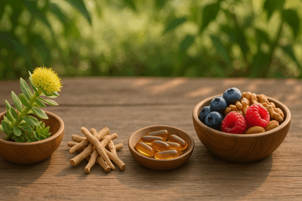 Natural ingredients like Rhodiola rosea, ashwagandha, CoQ10 capsules, and berries displayed as alternatives to the best medication for energy and motivation