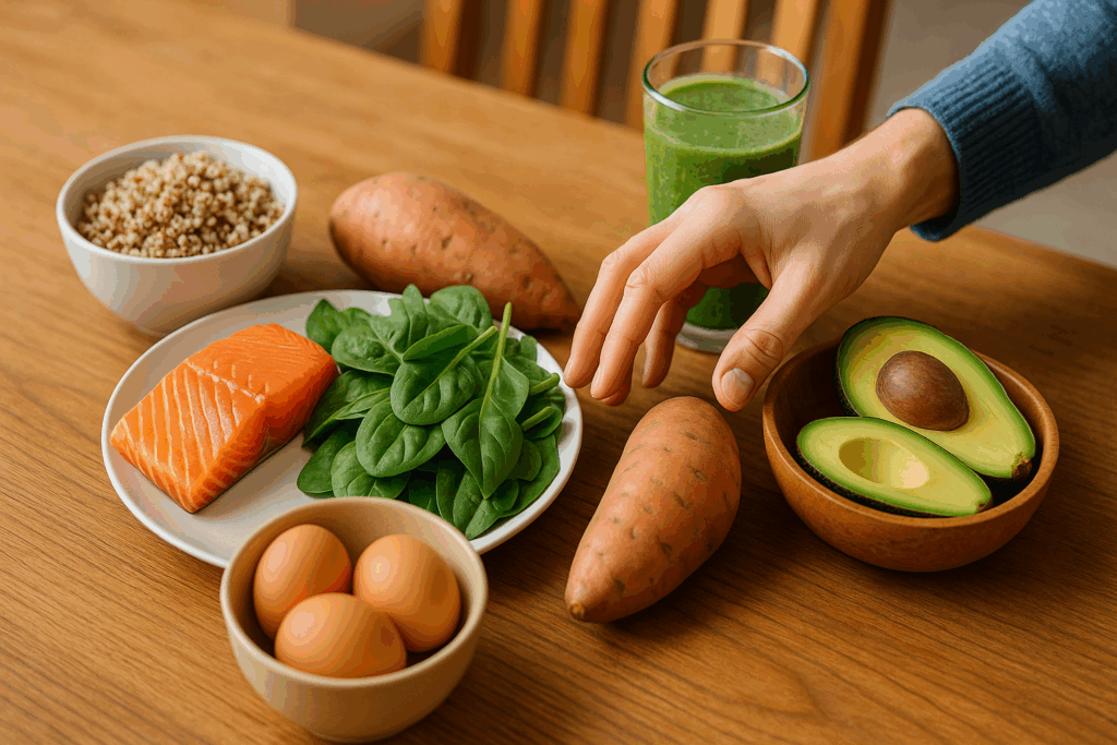 Hand reaching for nutrient-rich foods like salmon, spinach, avocado, and a green smoothie on a kitchen table—best medication for energy and motivation through diet.