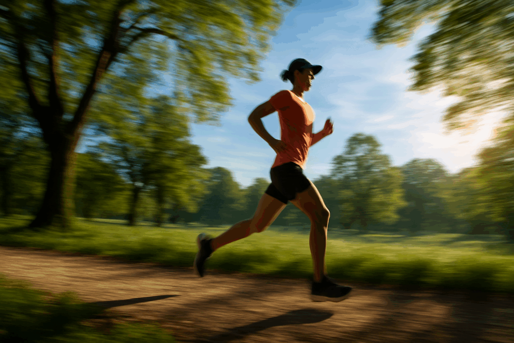 Jogger on a sunlit park trail surrounded by trees and blue sky, symbolizing the best medication for energy and motivation.