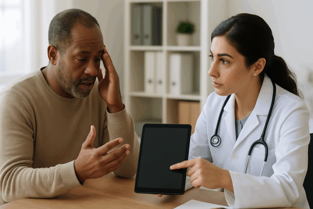 Patient discussing fatigue symptoms with a doctor in a clinical office, exploring the best medication for energy and motivation.