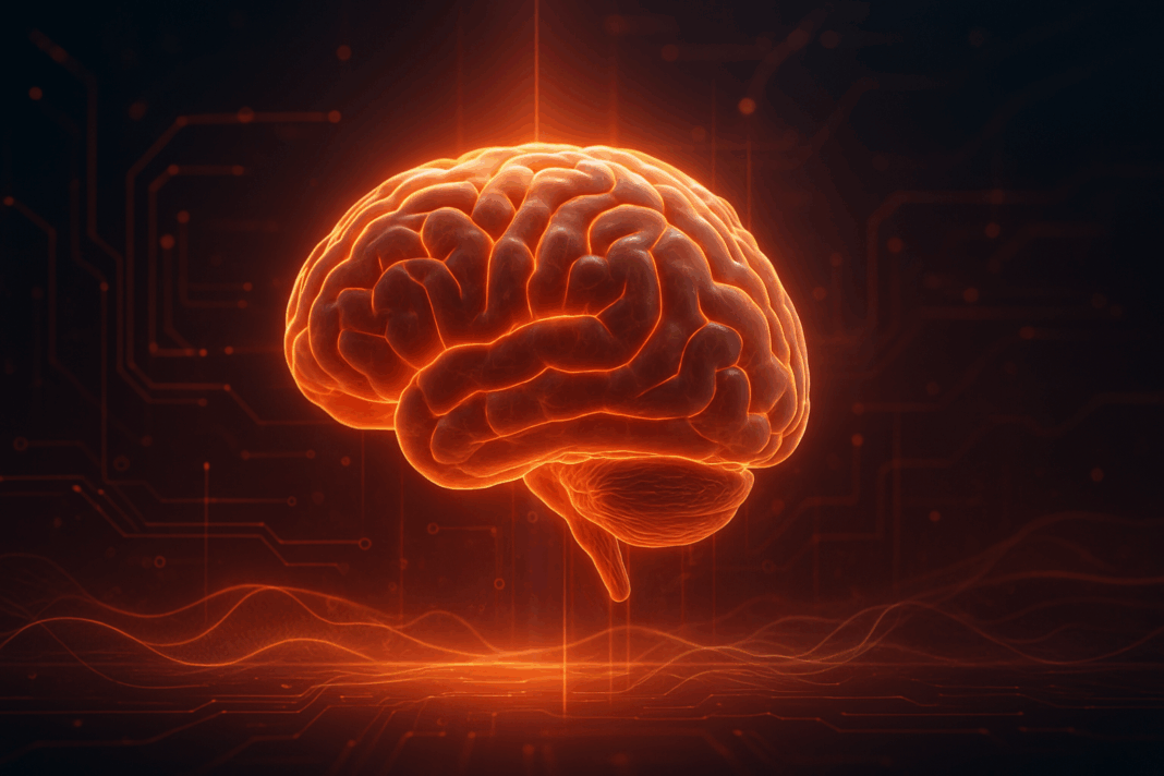 Futuristic human brain illuminated by red LED lights, surrounded by holographic waves and digital circuitry on a dark background
